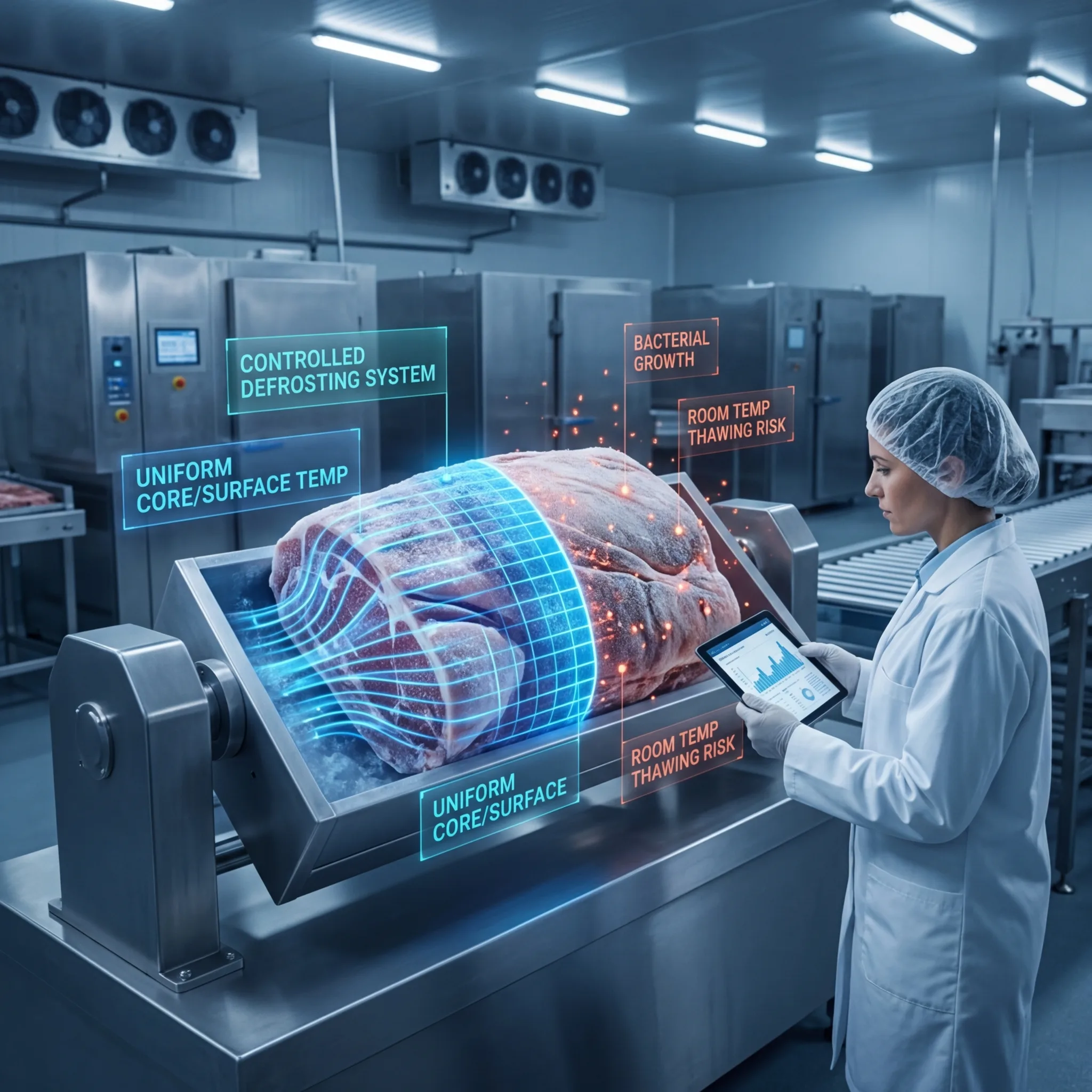 Food safety technician with tablet monitoring a controlled defrosting system with holographic overlays showing uniform core and surface temperature data for frozen meat