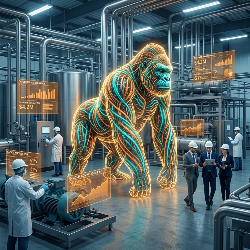 Holographic wireframe gorilla standing on a food manufacturing production line while workers walk past — representing operational risks ignored during PE due diligence