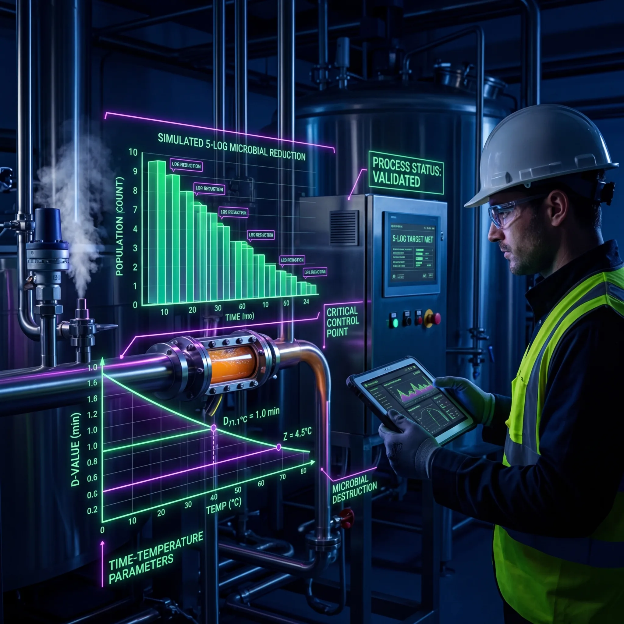 Process engineer monitoring thermal processing equipment with holographic displays showing microbial reduction curves, D-value charts, and critical control point validation data