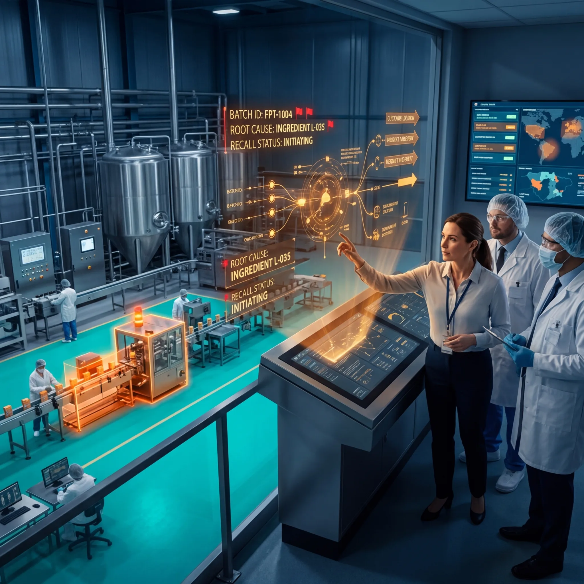 Quality director using holographic traceability system to initiate batch recall in food manufacturing facility