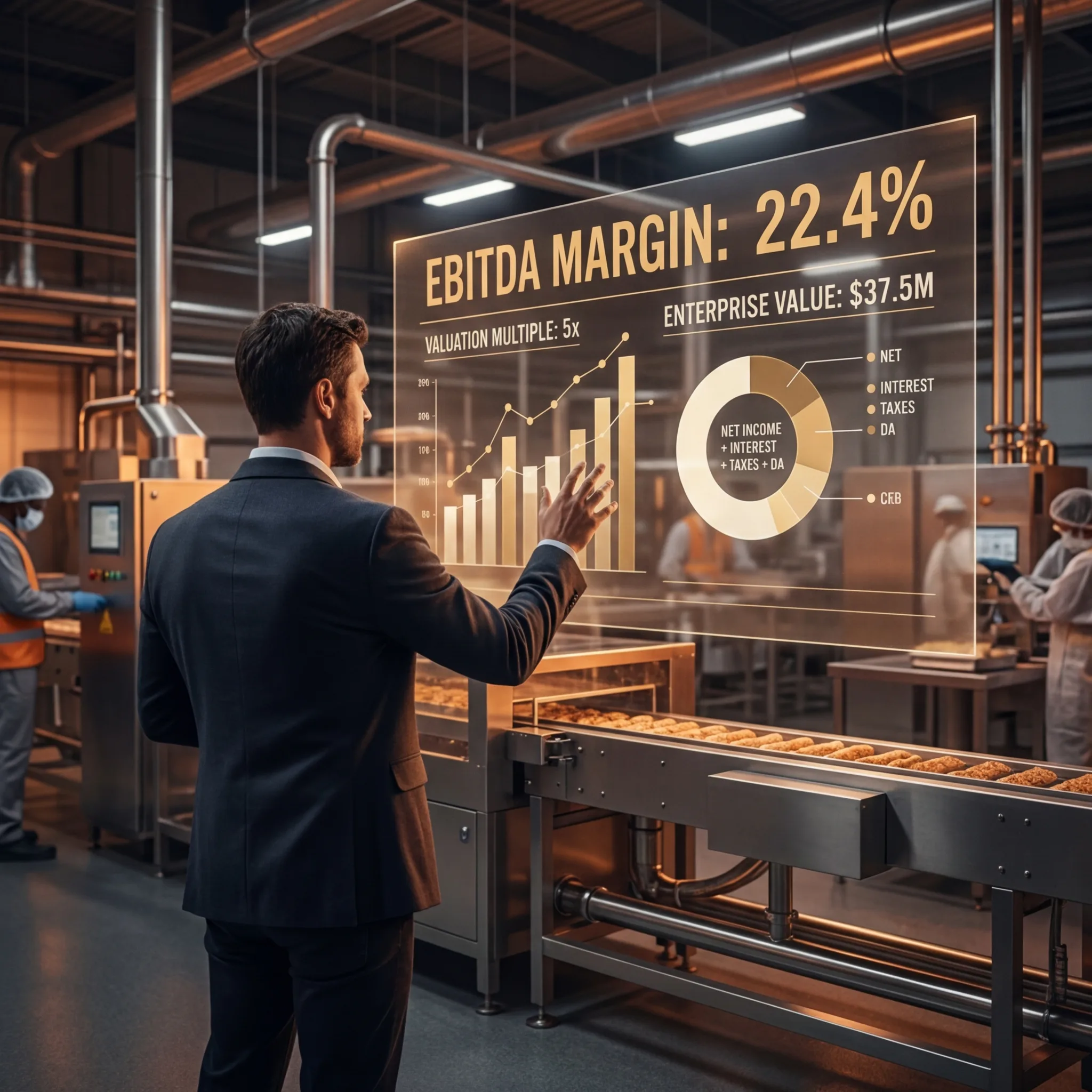 Executive reviewing EBITDA margin and enterprise valuation displays on a bakery production floor
