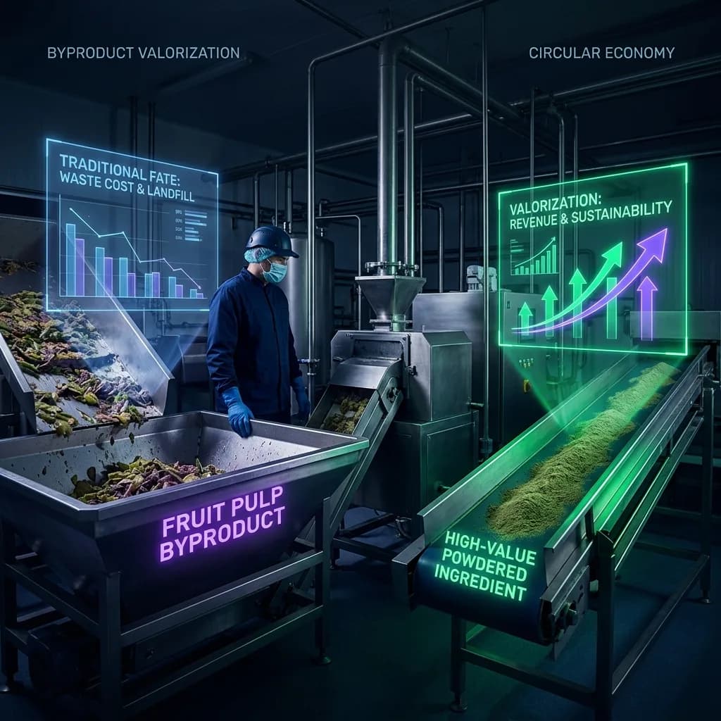Food manufacturing worker monitoring a byproduct valorization line converting fruit pulp into powdered fiber ingredient with digital displays showing revenue and sustainability metrics