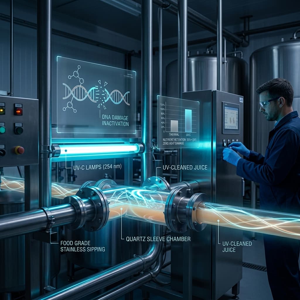 Engineer monitoring a UV-C light treatment system with glowing blue ultraviolet lamps processing juice through quartz sleeve chambers with DNA inactivation diagram display