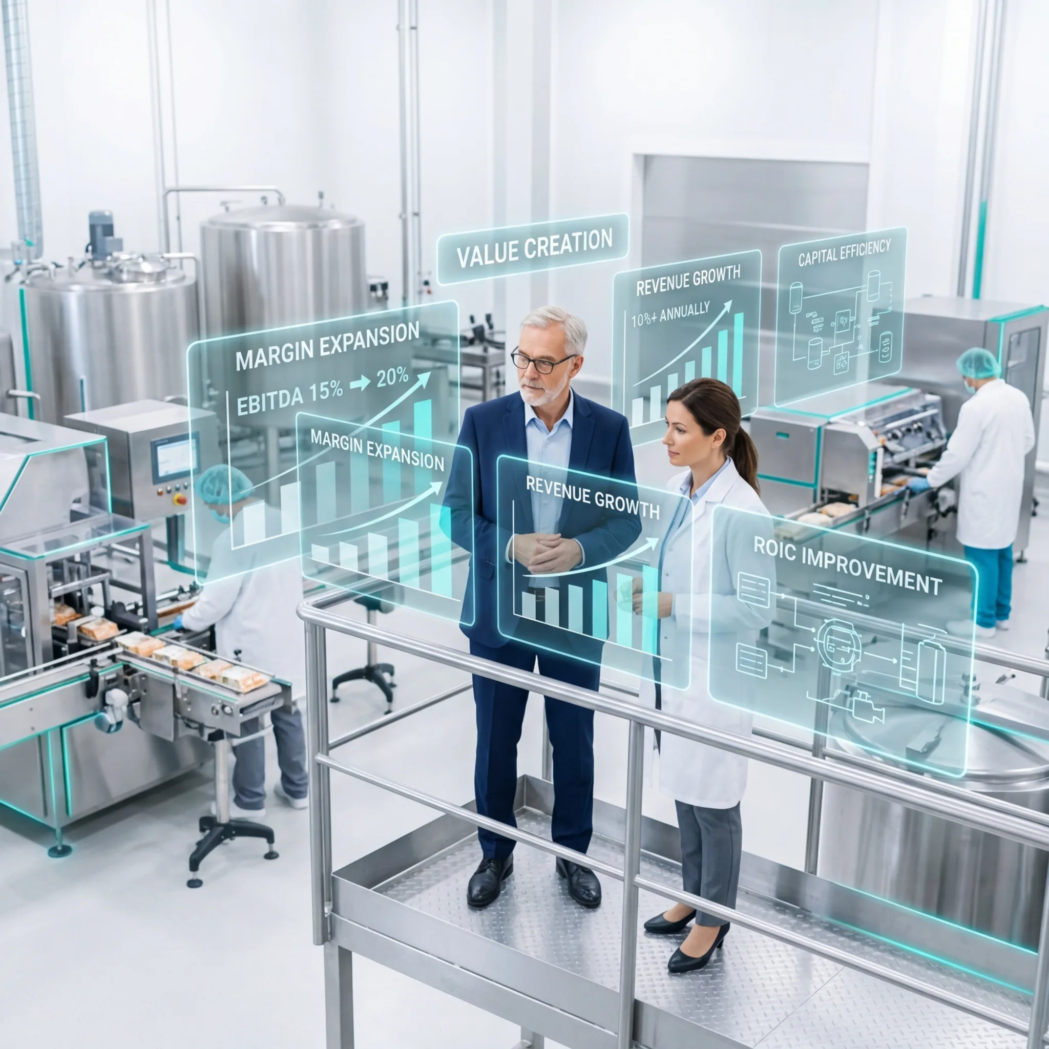 Executive and operations leader on a mezzanine overlooking a food production floor with holographic displays showing margin expansion, revenue growth, and ROIC improvement metrics