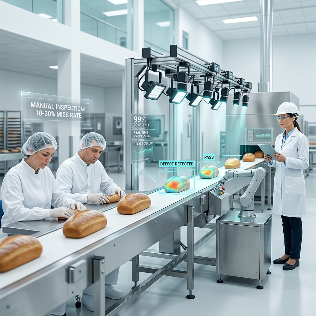 Bakery production line comparing manual bread inspection workers with an AI-powered vision system detecting defects via overhead cameras and holographic quality overlays
