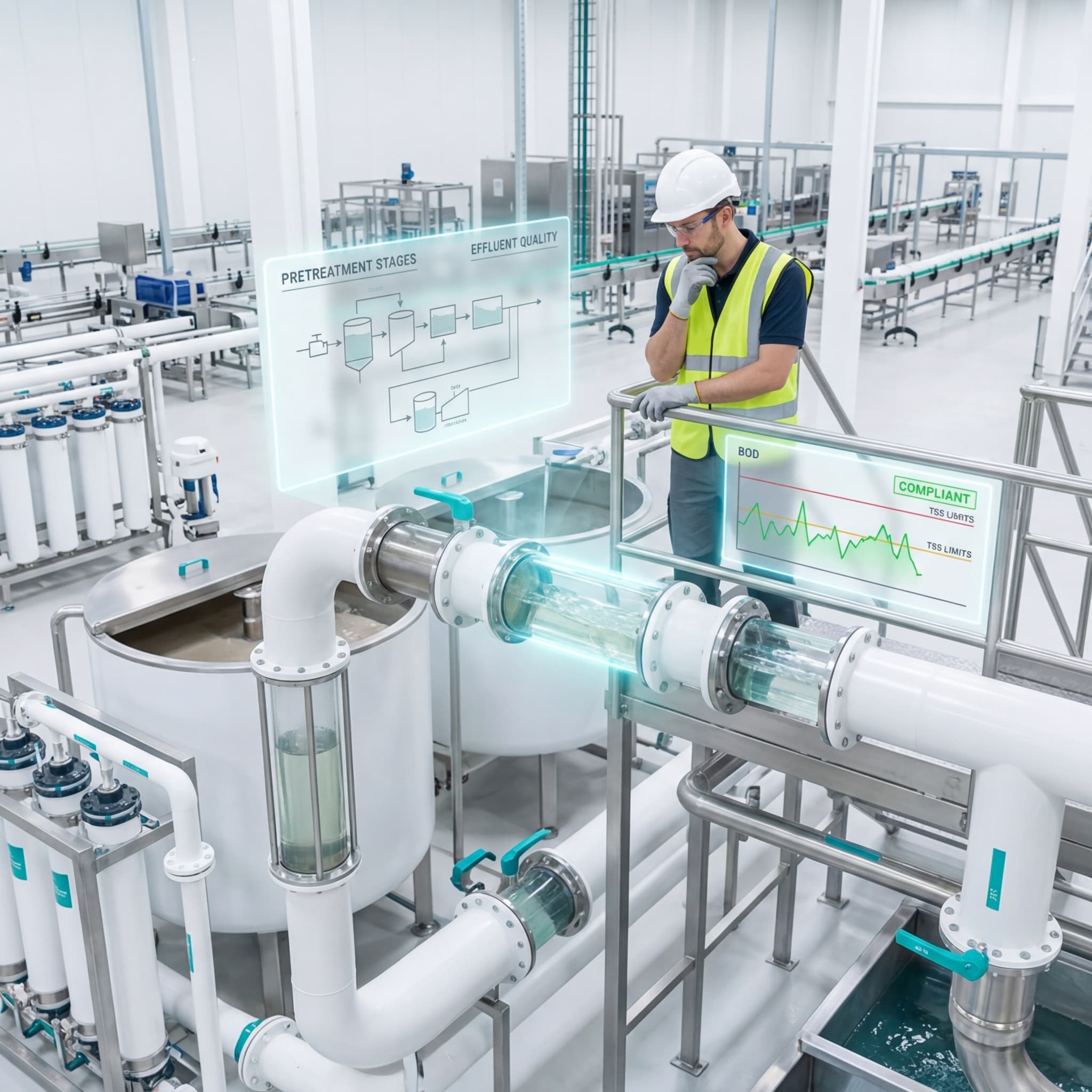 Engineer in safety vest monitoring a wastewater pretreatment system in a bright food manufacturing facility with holographic displays showing BOD compliance data