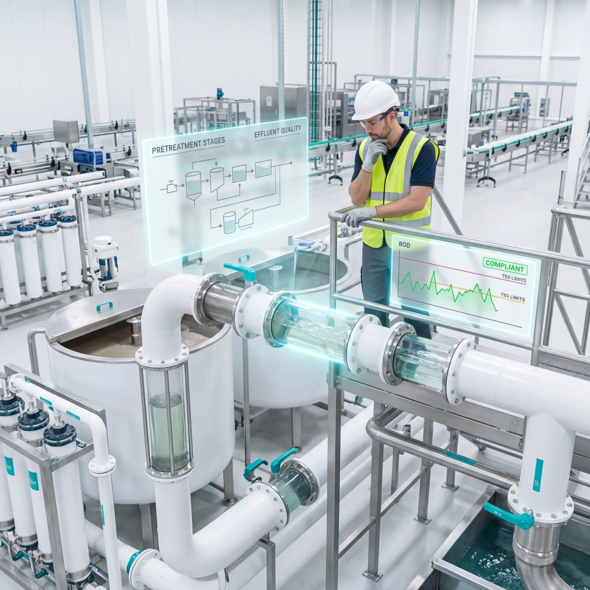 Engineer in safety vest monitoring a wastewater pretreatment system in a bright food manufacturing facility with holographic displays showing BOD compliance data