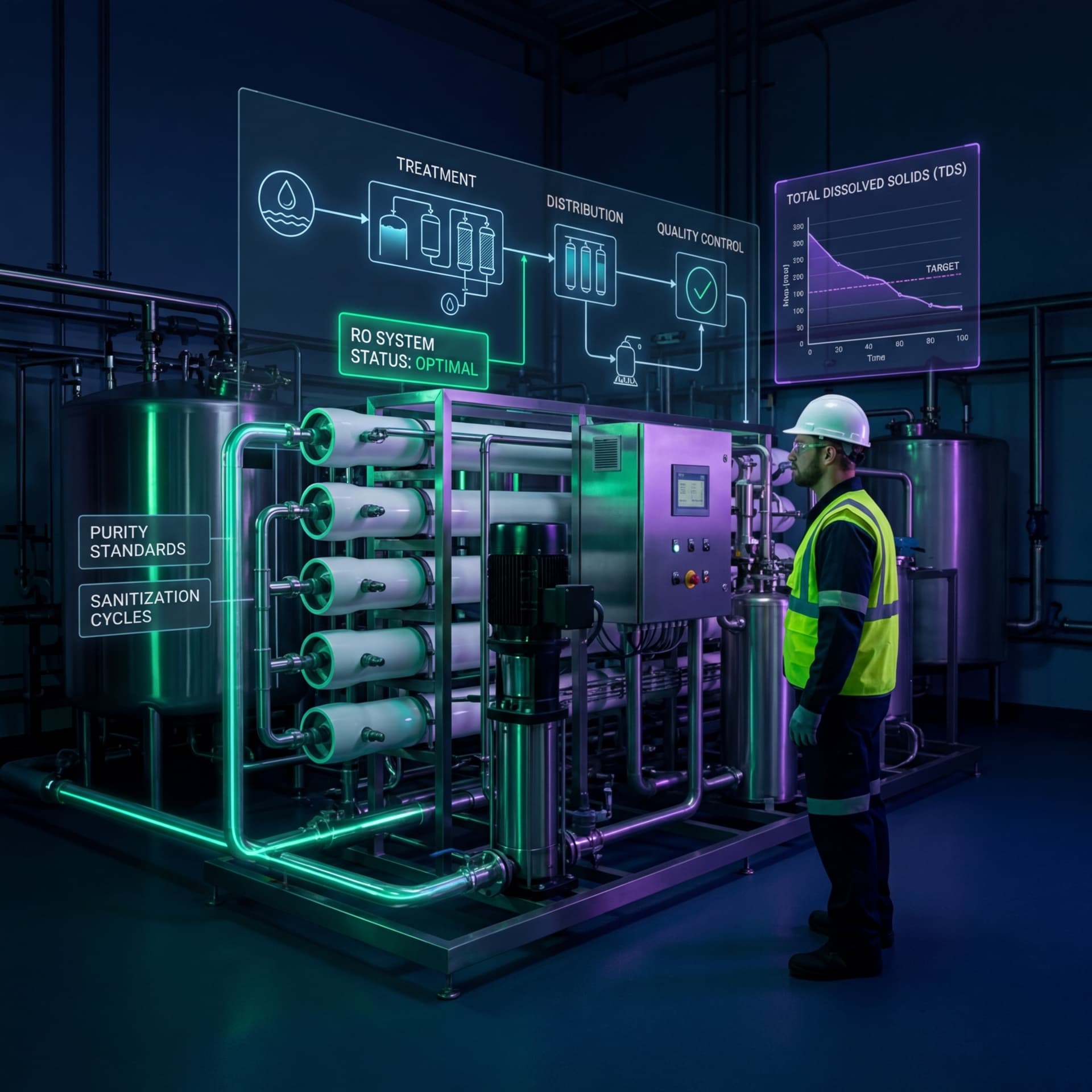 Engineer in safety vest inspecting an industrial reverse osmosis water treatment system with holographic displays showing treatment stages and total dissolved solids monitoring