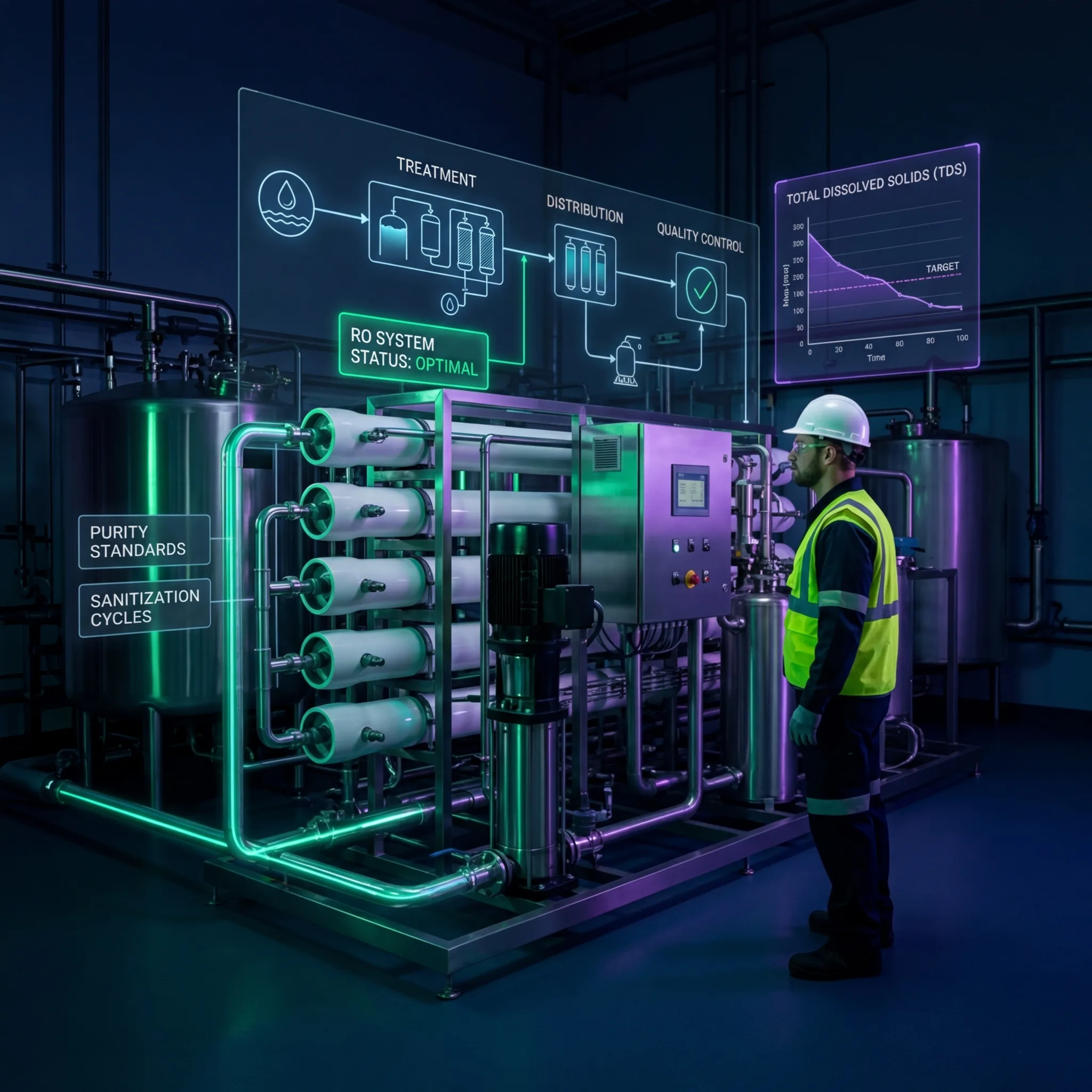 Engineer in safety vest inspecting an industrial reverse osmosis water treatment system with holographic displays showing treatment stages and total dissolved solids monitoring