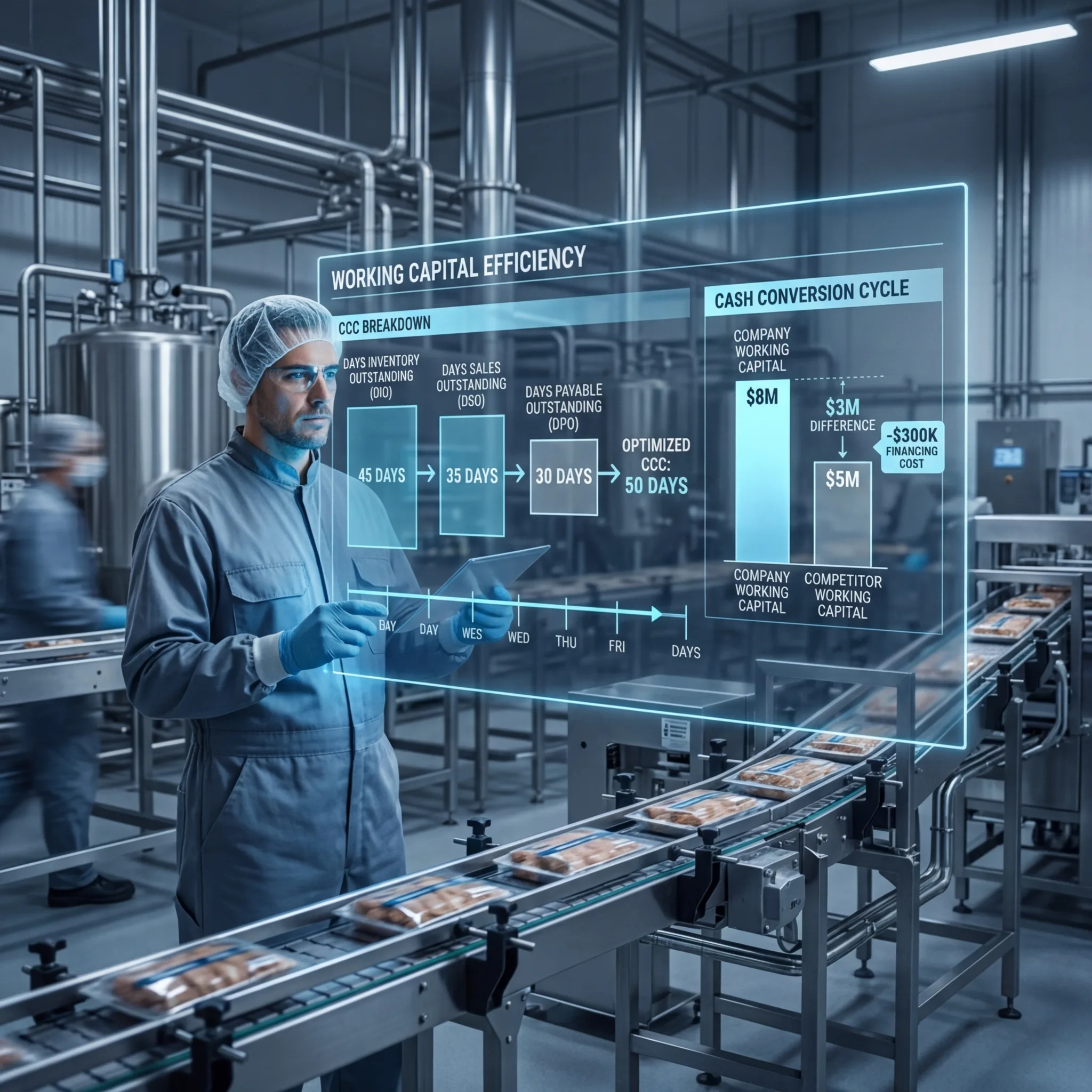 Production manager reviewing working capital efficiency and cash conversion cycle displays on a food packaging line