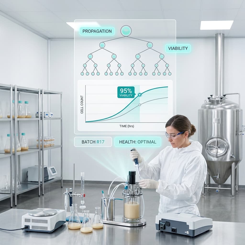 Lab technician using a pipette to transfer yeast culture with digital overlay showing propagation tree diagram and 95% viability growth curve