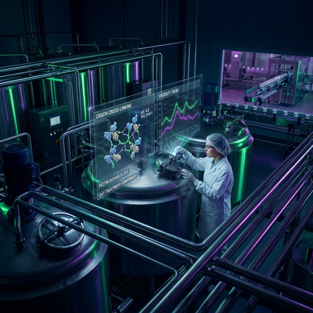 Overhead view of a technician monitoring yogurt fermentation tanks with holographic displays showing casein protein cross-linking molecular data and process charts