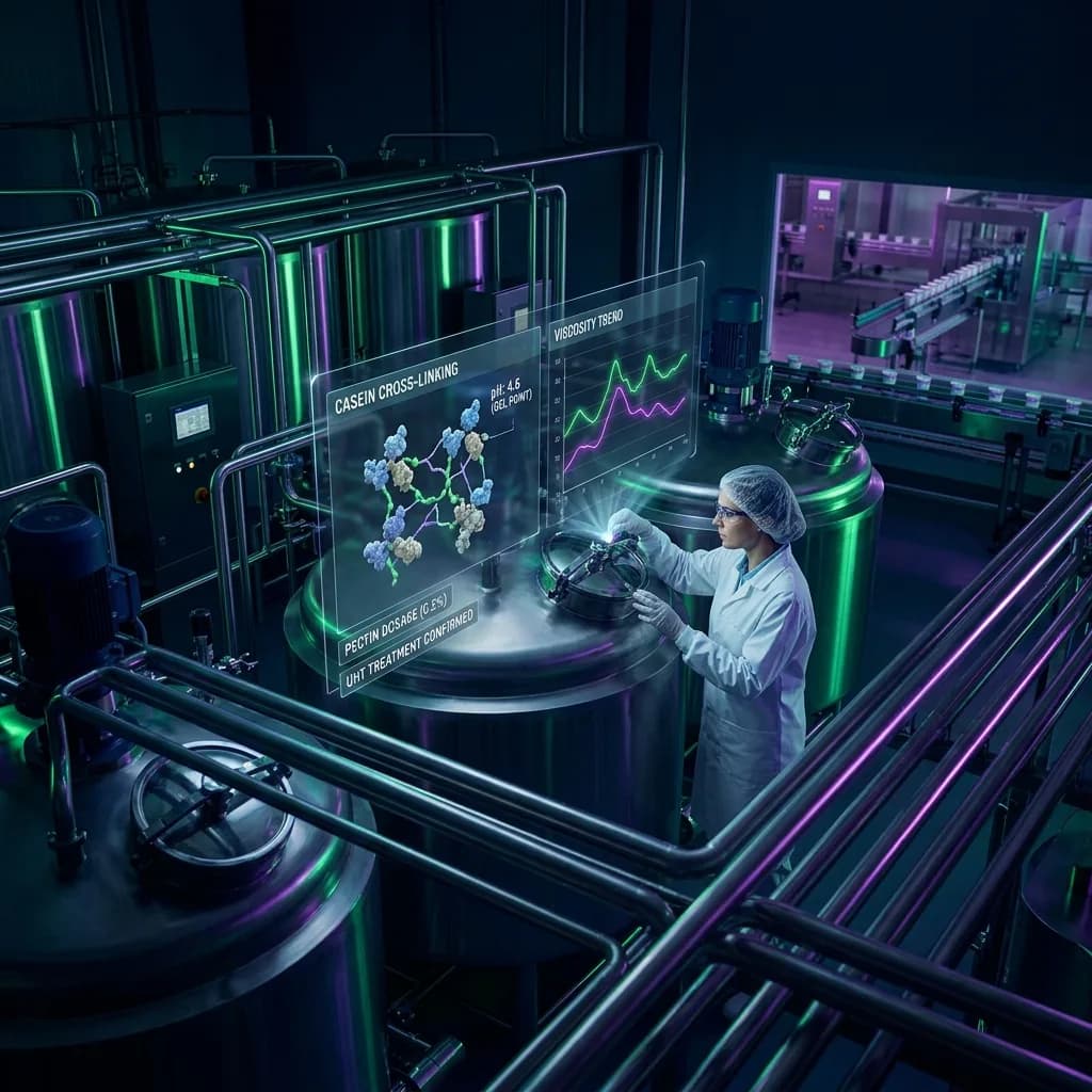 Overhead view of a technician monitoring yogurt fermentation tanks with holographic displays showing casein protein cross-linking molecular data and process charts